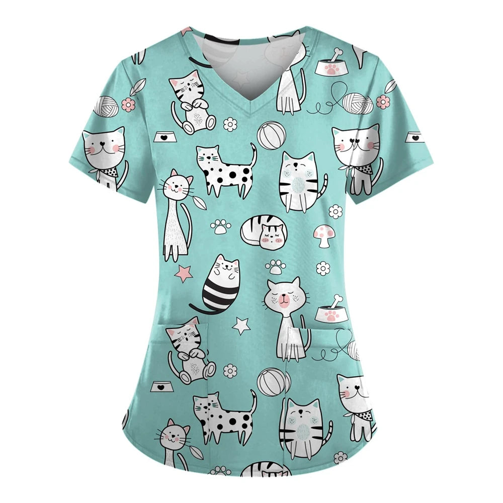 Clinical Uniform Woman Cute Cat Print Dental Nursing Tops V-Neck Short Sleeve with Pocket Tees Health Care Medical Scrubs Women