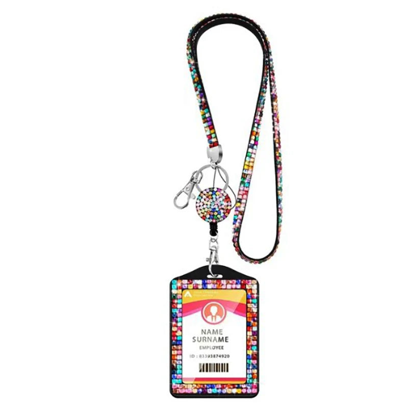 Rhinestone Badge Holder Lanyard Crystal Strap Card Clip Retractable Hanging Rope Horizontal Vertical Style Work ID Card Case New