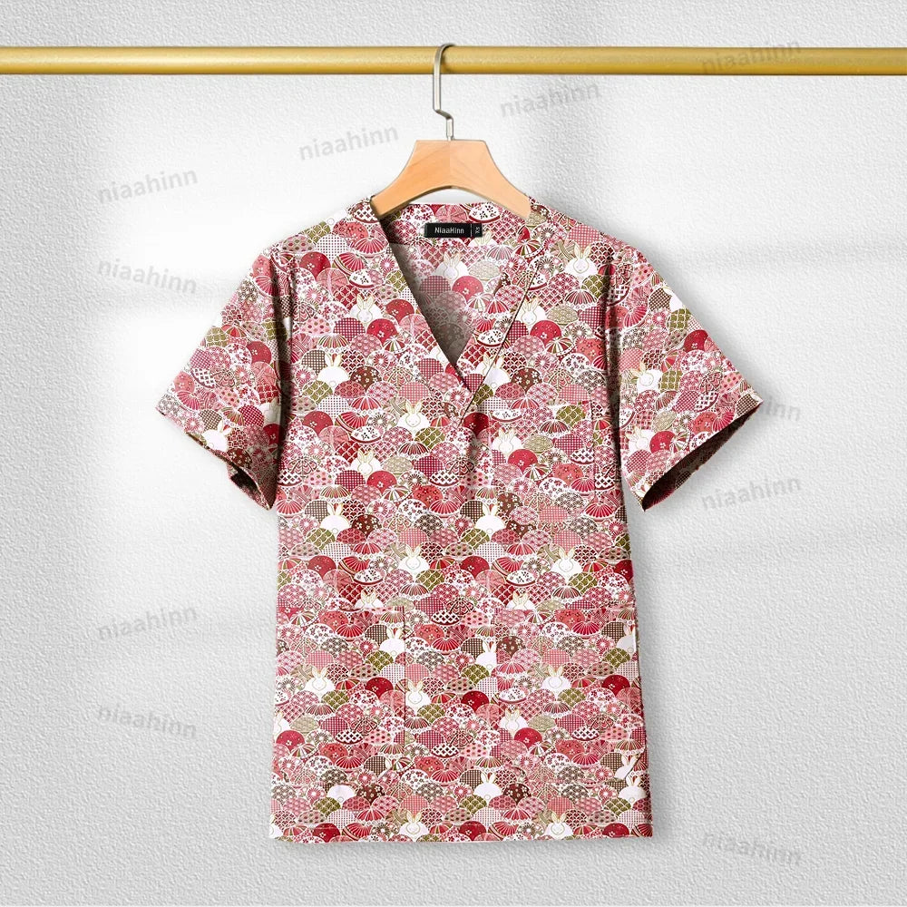 Cotton Printed Medical Uniforms Nurse Accessories for Work Doctor's Surgical Scrub Cartoon Pattern Short Sleeved Shirt Women Men