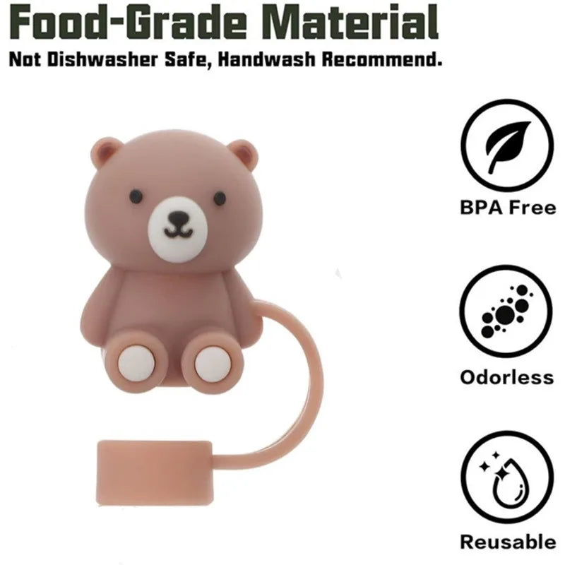 10mm Straw Cover Suitable Compatible With Stanley Cup Cute Teddy Bear Silicone Straw Plug Straw Dust Cover New 2024