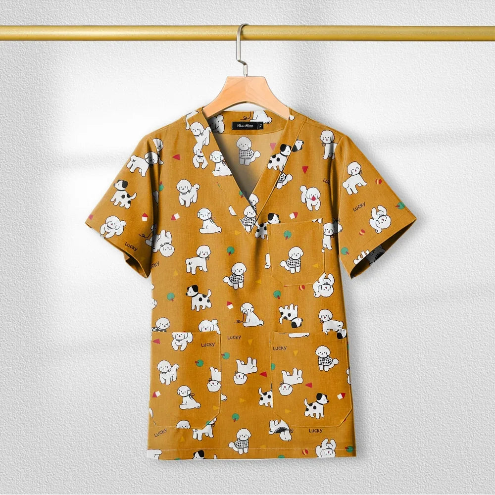 Cotton Printed Medical Uniforms Nurse Accessories for Work Doctor's Surgical Scrub Cartoon Pattern Short Sleeved Shirt Women Men