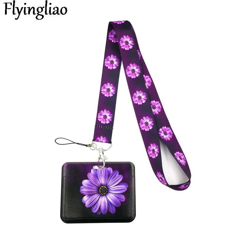 Purple Flowers Cute Card Cover Clip Lanyard Retractable Student Nurse Badge Reel Clip Cartoon ID Card Holder