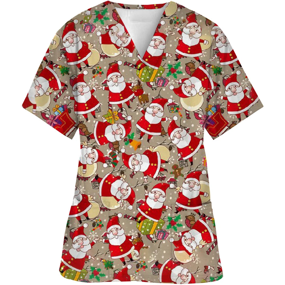 Christmas Scrubs Medical Uniforms Woman Santa Print Nurse Tops Pet Groom Uniform Short Sleeve Carer Clothes Форма Медсестры