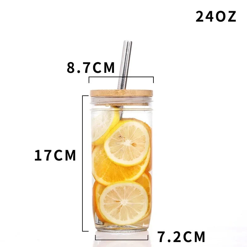 Mason Jars for Drinking Cup Bubble Tea Glass Cup with Bamboo Lid Reusable Glass Boba Smoothie with Stainless Steel Straw Cups