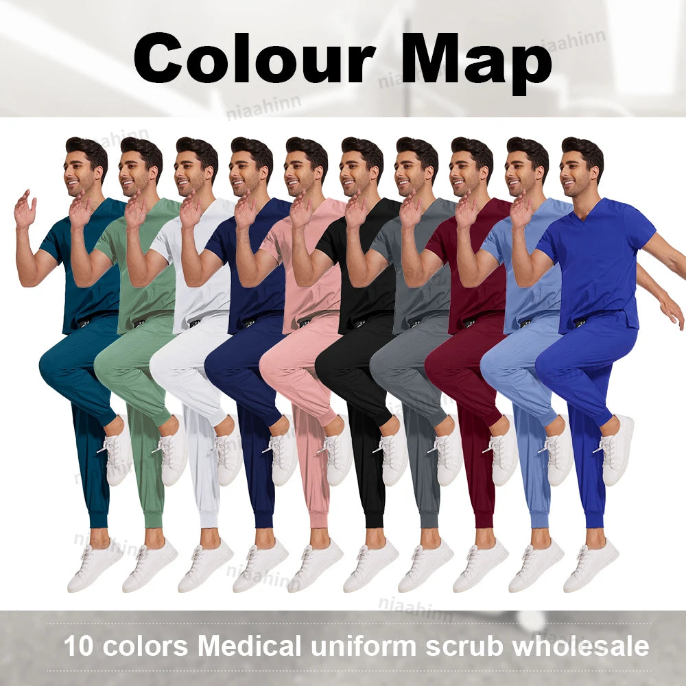 Niaahinn Medical Scrubs Uniform Nursing Articles Surgical Uniforms Woman V-neck Short Sleeved Tops Joggers Pants Sets Mens Scrub