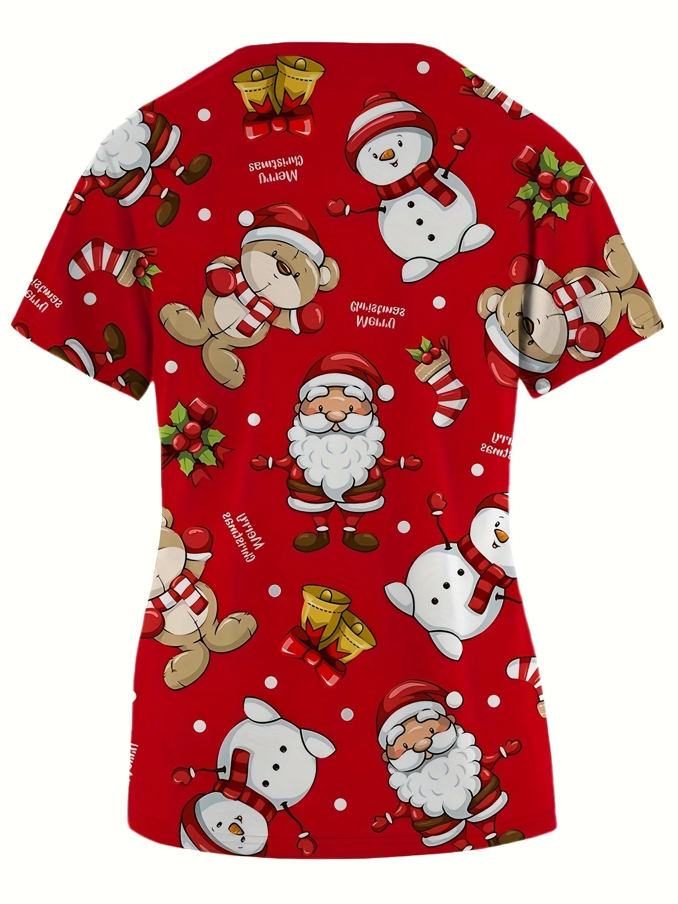 Sanitary Uniform Woman Cute Snowman Prints V-Neck Short Sleeve Pockets in Micro-Elastic Material Tops Clinical Uniforms Woman