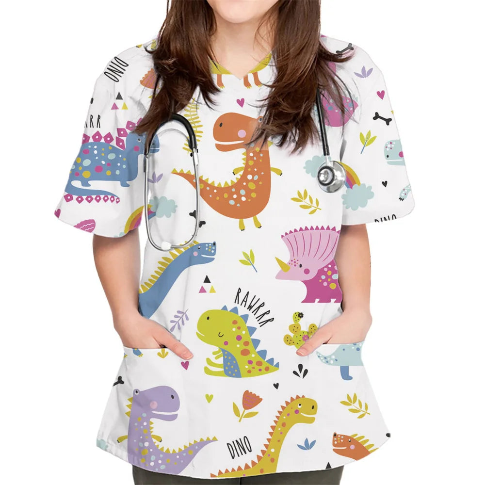 Surgical Uniform Woman Cute Dinosaur Cartoon Print Surgical Uniforms V-Neck Short Sleeve Pet Medical Top Women's Surgical Scrubs