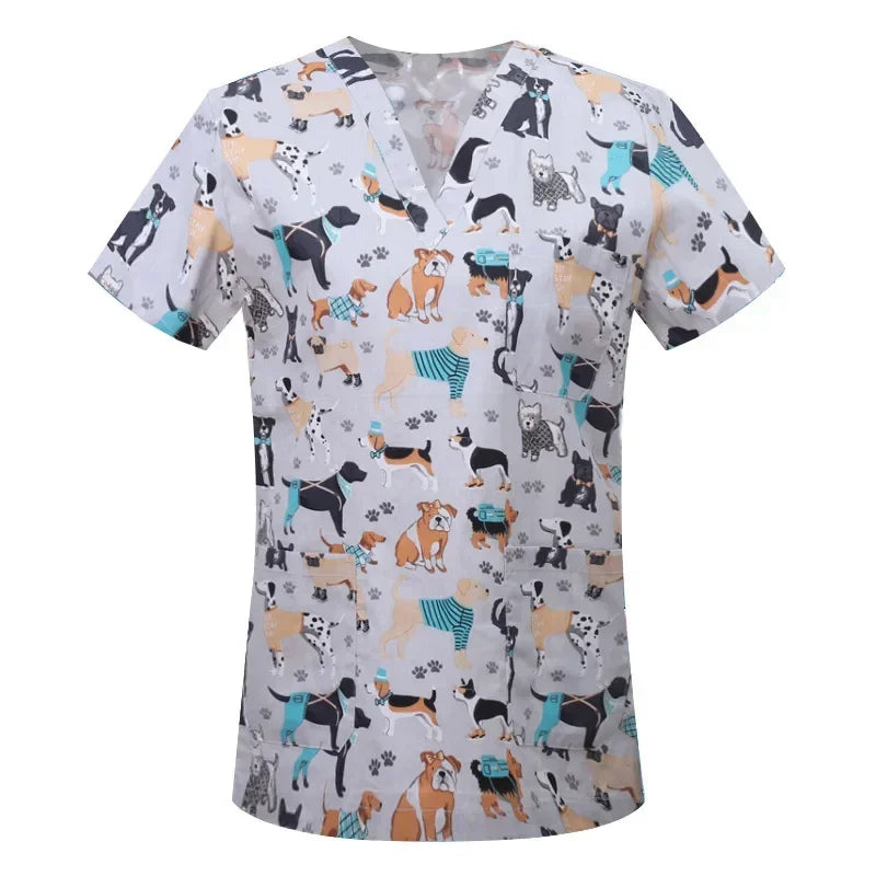 Cartoon Animals Print Pet Clinic Hospital Nursing Scrub Tops Shirts cotton Dentistry Doctor Blouse Medical Surgical Uniforms