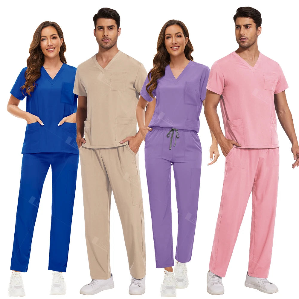 Fashion Simple Pockets Medical Uniforms Unisex Scrubs Set Hospital Surgical Gowns Dental Work Clothes Nurse Clinical Accessories