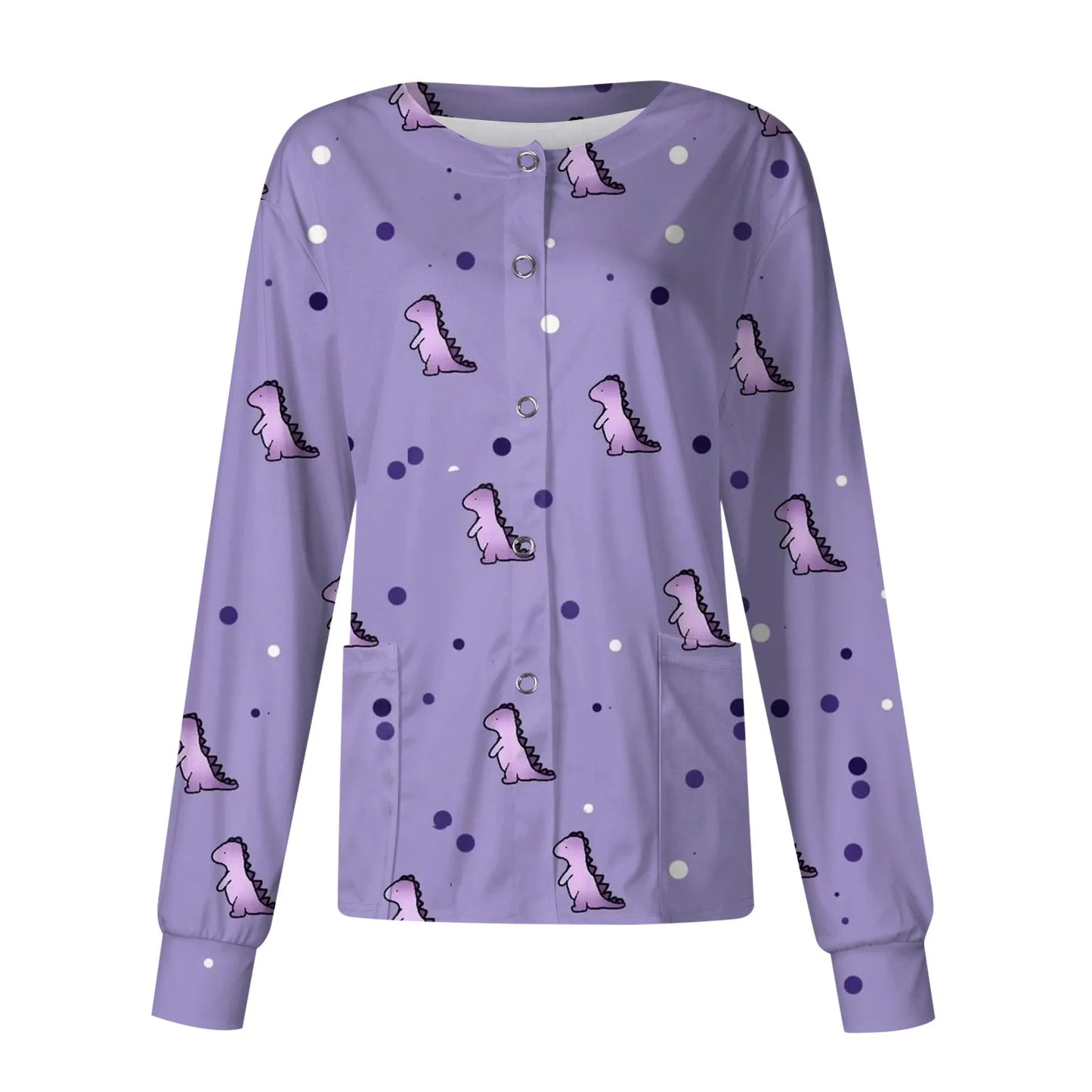 Scrub Top Spring Fall Stitch Spa Nurse Uniform Cute Dinosaur Print Coat Women Long Sleeve Clinic Scrub Jacket Uniform Nurse Top