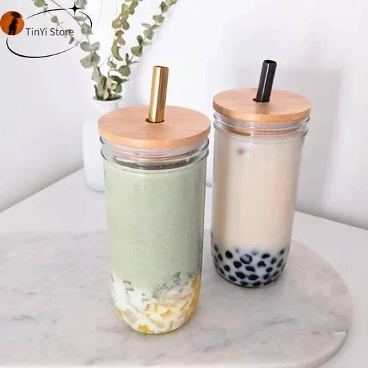 Mason Jars for Drinking Cup Bubble Tea Glass Cup with Bamboo Lid Reusable Glass Boba Smoothie with Stainless Steel Straw Cups