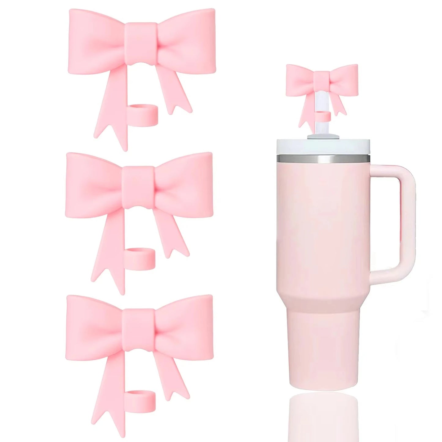 3 Pcs Classic Pink Bow Straw Covers Cap Toppers Compatible with Stanley 30&40 oz Tumbler Cups,Reusable Cute Silicone Straw Tips