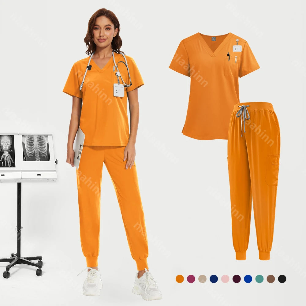 Niaahinn Medical Nurse Scrubs Tops+Pant Beauty Salon Spa Workwear Clinical Doctor Nursing Suit Surgical Uniforms Women Scrub Set