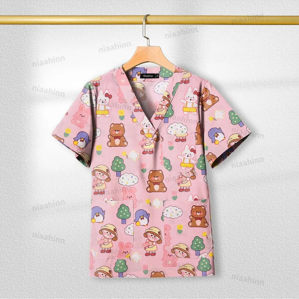 Cotton Printed Medical Uniforms Nurse Accessories for Work Doctor's Surgical Scrub Cartoon Pattern Short Sleeved Shirt Women Men