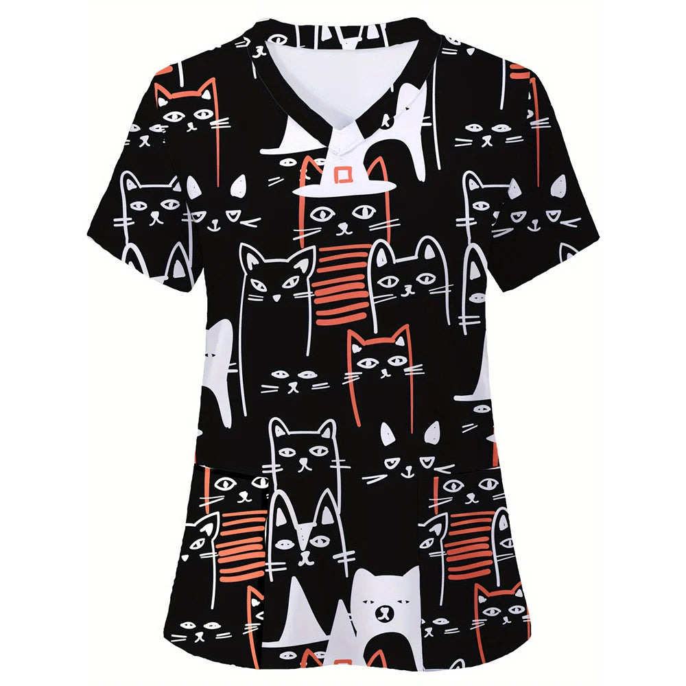 Clinical Uniform Woman Cute Cat Print Dental Nursing Tops V-Neck Short Sleeve with Pocket Tees Health Care Medical Scrubs Women