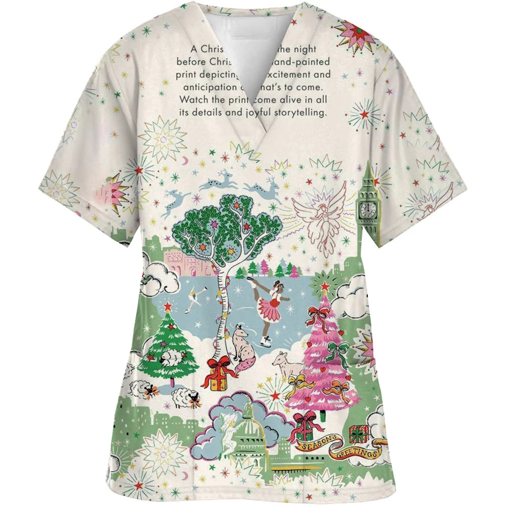 Christmas Scrubs Medical Uniforms Woman Santa Print Nurse Tops Pet Groom Uniform Short Sleeve Carer Clothes Форма Медсестры