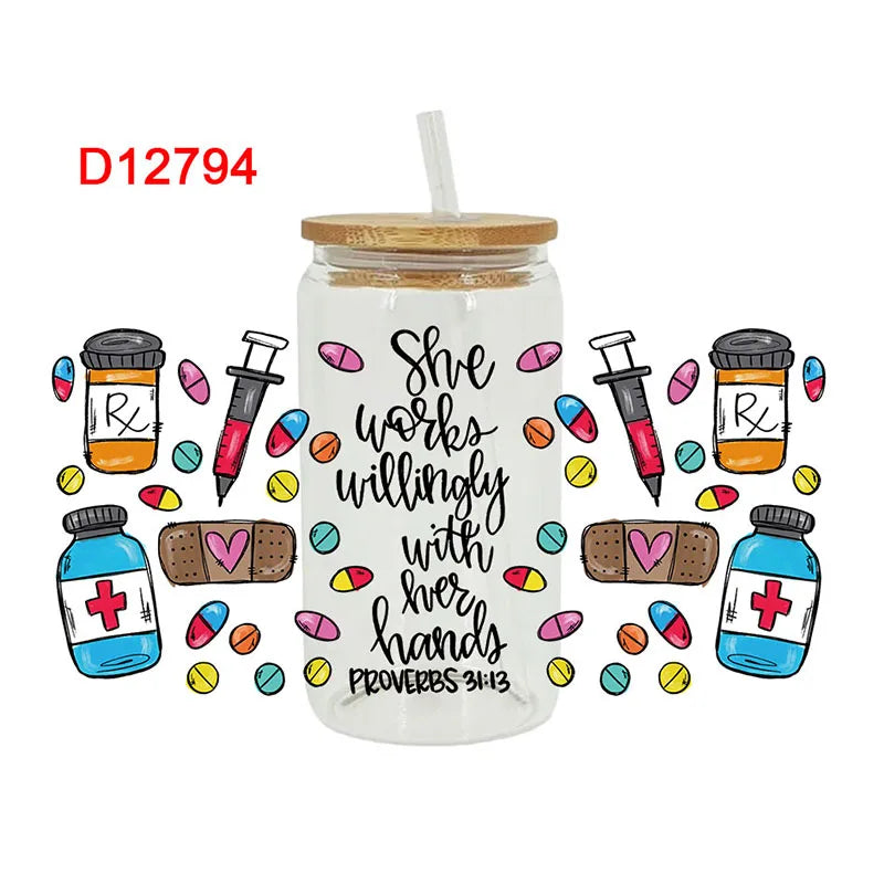 3D UV DTF Transfers Stickers 16oz Cup Wraps Nurse Day Printed For DIY Glass Ceramic Metal Leather Etc. D12793