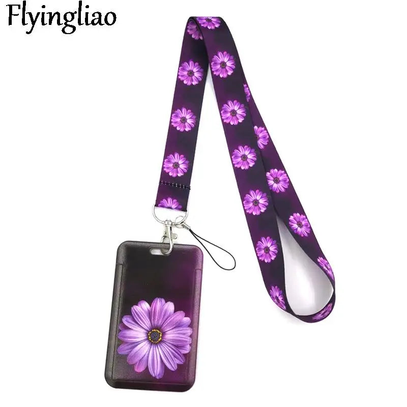 Purple Flowers Cute Card Cover Clip Lanyard Retractable Student Nurse Badge Reel Clip Cartoon ID Card Holder