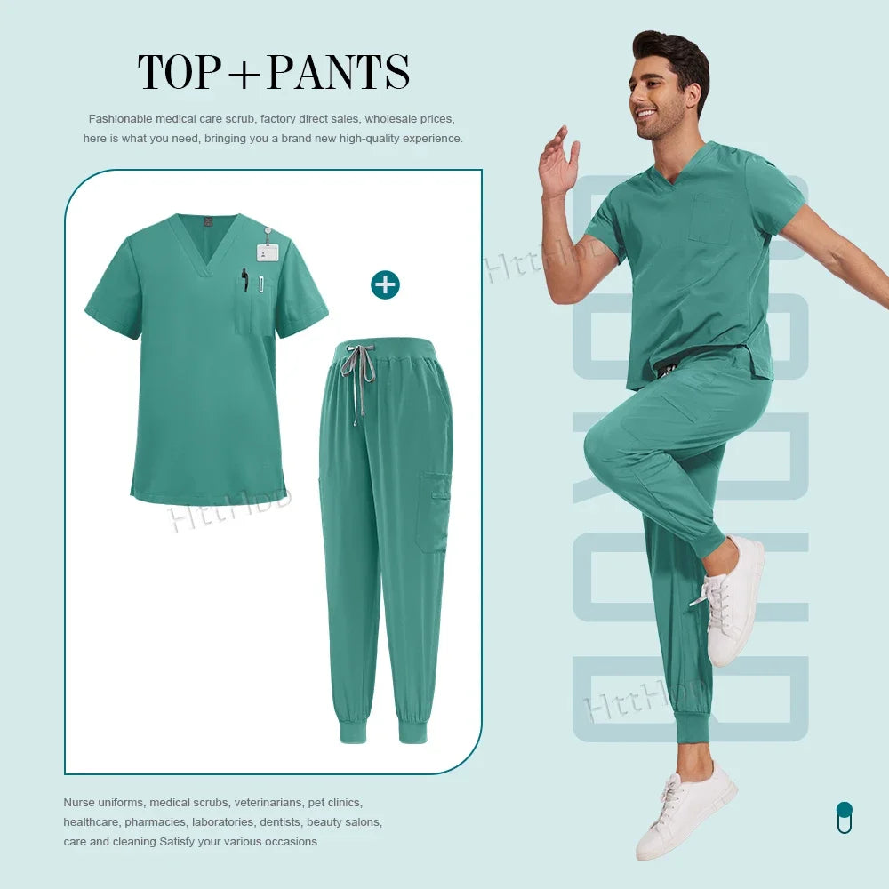 Men Women Unisex Nurse Surgical Scrubs Suits Doctor Medical Hospital Uniform Top Jogger Pants Scrubs Nursing Veterinary Uniforms