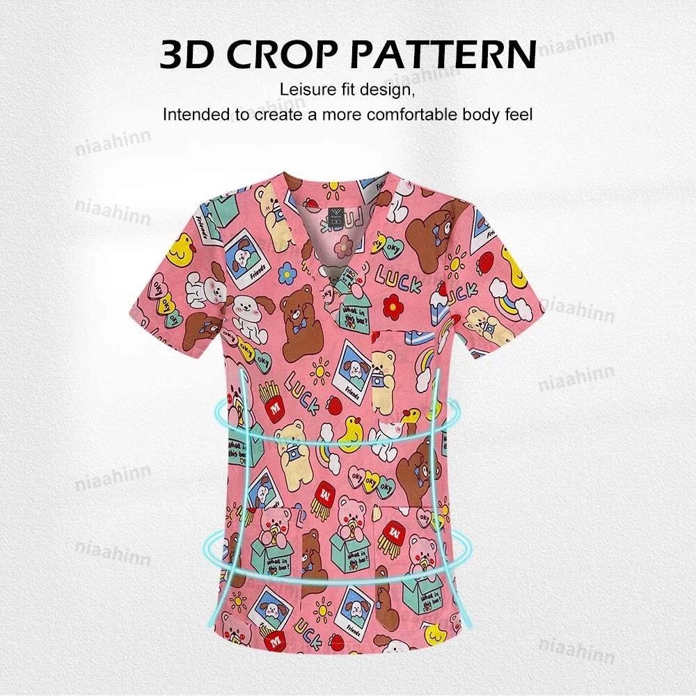 Cotton Printed Medical Uniforms Nurse Accessories for Work Doctor's Surgical Scrub Cartoon Pattern Short Sleeved Shirt Women Men