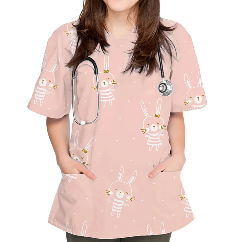 Women Cartoon Cute Rabbit Print V-Neck Patched Pocket Medical Scrub Uniforms Nursing Short Sleeve Tops Nursing Surgical Uniform