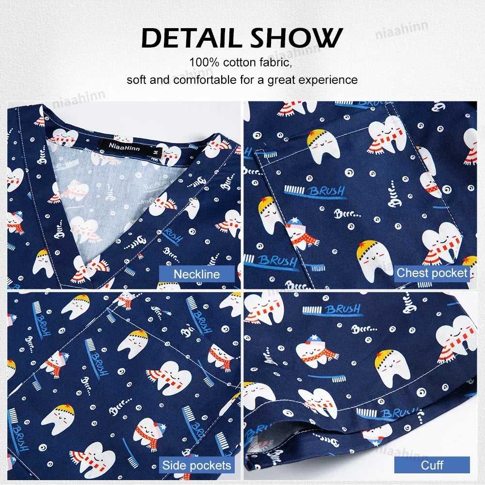 Cotton Printed Medical Uniforms Nurse Accessories for Work Doctor's Surgical Scrub Cartoon Pattern Short Sleeved Shirt Women Men