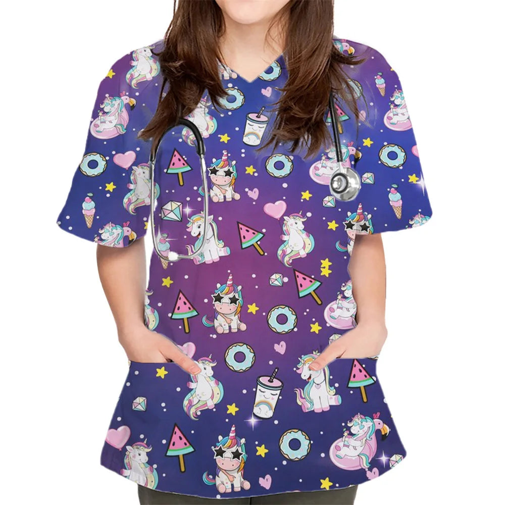 Women Cartoon Cute Rabbit Print V-Neck Patched Pocket Medical Scrub Uniforms Nursing Short Sleeve Tops Nursing Surgical Uniform