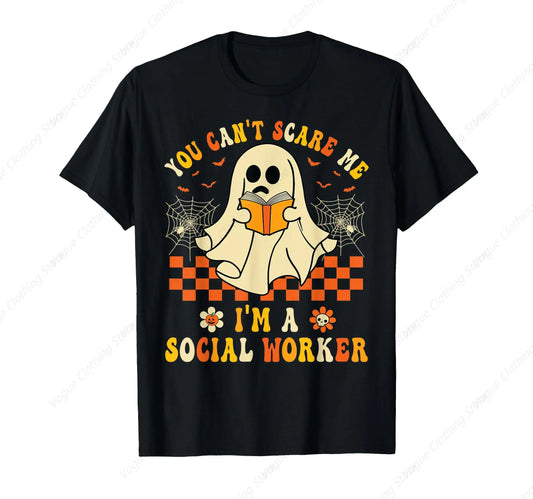 You Can't Scare Me I'm a School Social Worker Halloween T-Shirt Short Sleeves Cotton Prevailing Soft Tee Round Neck Leisure