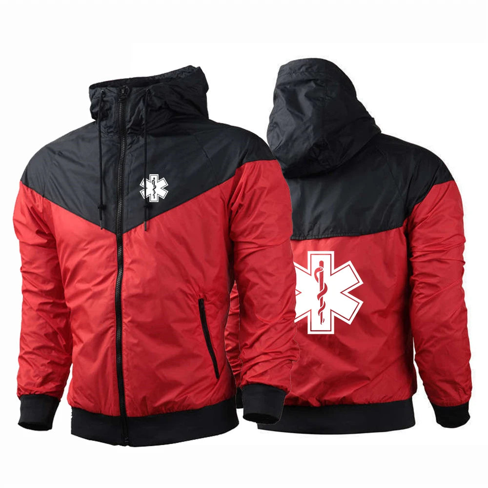 EMT Paramedic Emergency Medical Men's New Patchwork Hoodies Print Windproof Waterproof Sports Casual Windbreaker Jacket Top