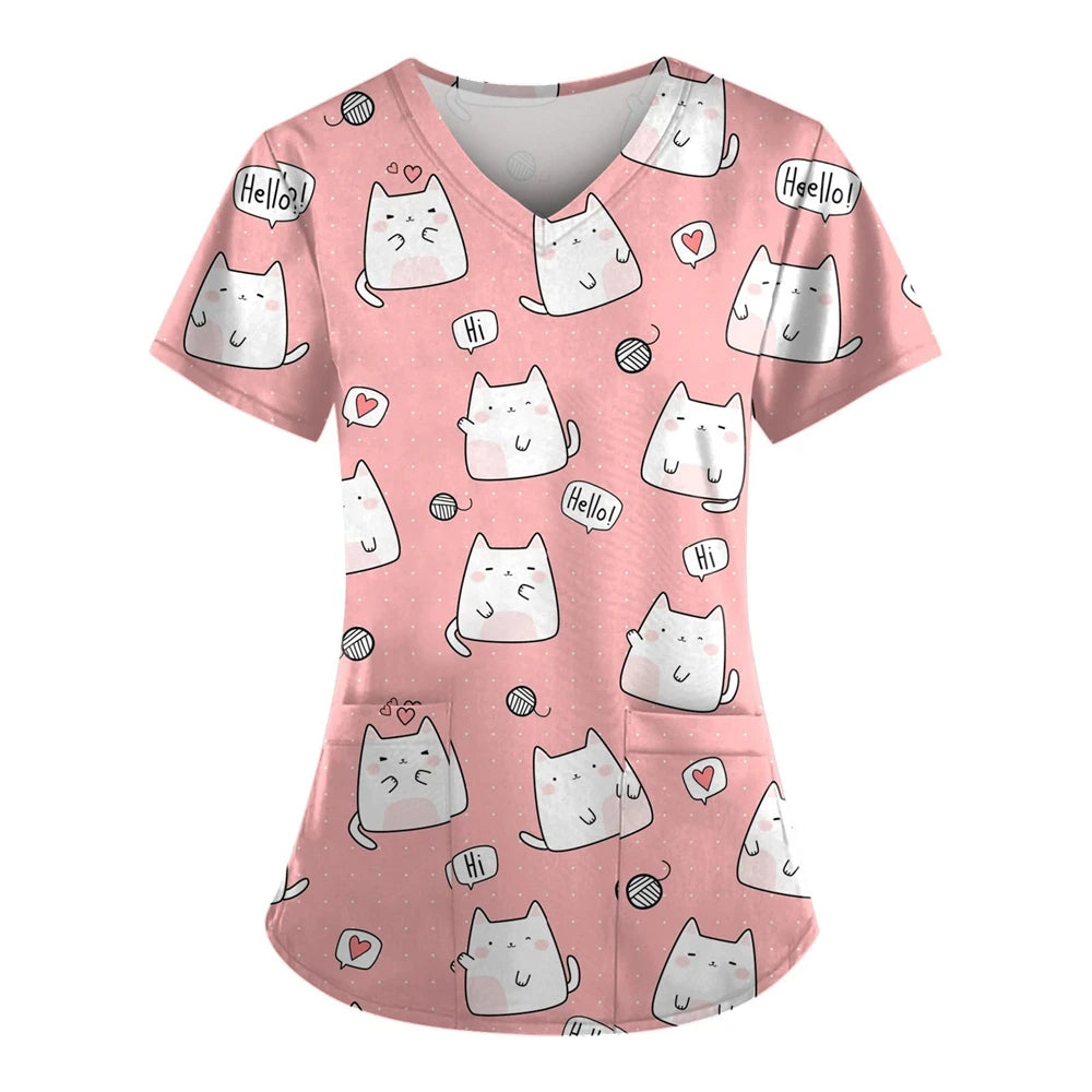 Clinical Uniform Woman Cute Cat Print Dental Nursing Tops V-Neck Short Sleeve with Pocket Tees Health Care Medical Scrubs Women