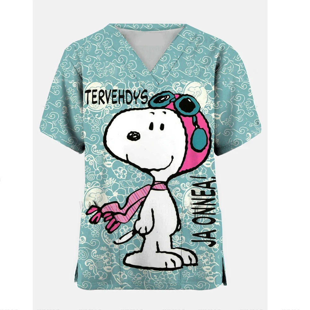 Nurse Uniform Women Short Sleeve Snoopy  print Working Uniform Pocket Blouse Scrubs Tops Nursing Medical Uniforms Accessories