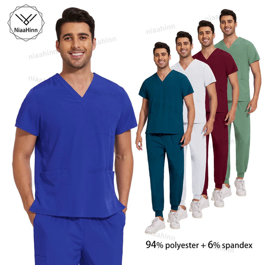 Niaahinn Medical Scrubs Uniform Nursing Articles Surgical Uniforms Woman V-neck Short Sleeved Tops Joggers Pants Sets Mens Scrub