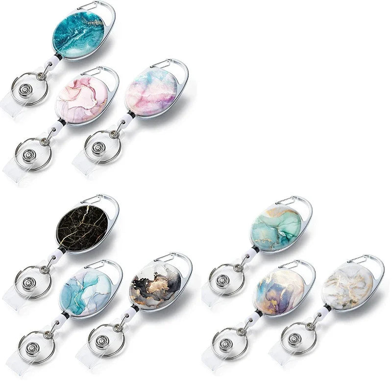 1pc Marble Oval Easy Pull Badge Reels Keychain Egg Shaped Portacredencial Nurse Badge Holder Retractable Badge Clip