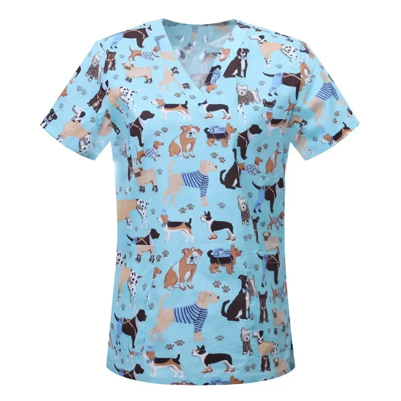 Cartoon Animals Print Pet Clinic Hospital Nursing Scrub Tops Shirts cotton Dentistry Doctor Blouse Medical Surgical Uniforms