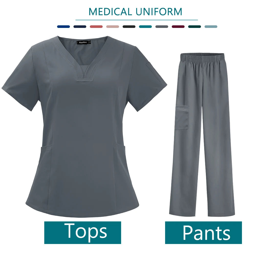 Nurse Medical Uniform High Quality Pet Grooming Care Workwear Set Scrubs Operating Room Surgical Gown Short Sleeve Elastic Pants