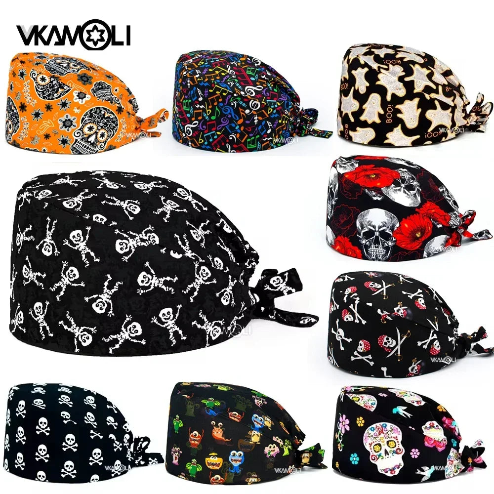 halloween print surgical caps woman and man medical scrubs cap skull print surgery cap shop lab beauty work accessories