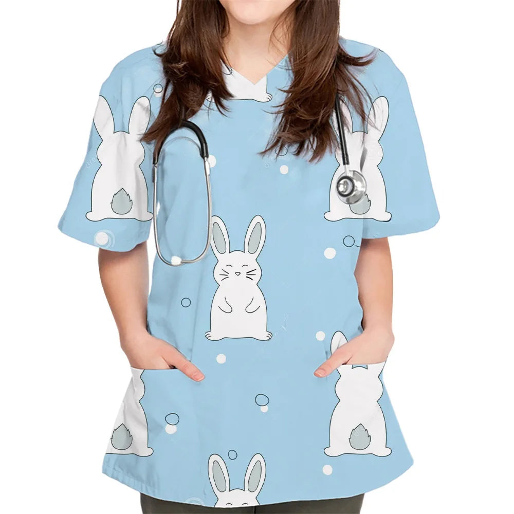 Women Cartoon Cute Rabbit Print V-Neck Patched Pocket Medical Scrub Uniforms Nursing Short Sleeve Tops Nursing Surgical Uniform