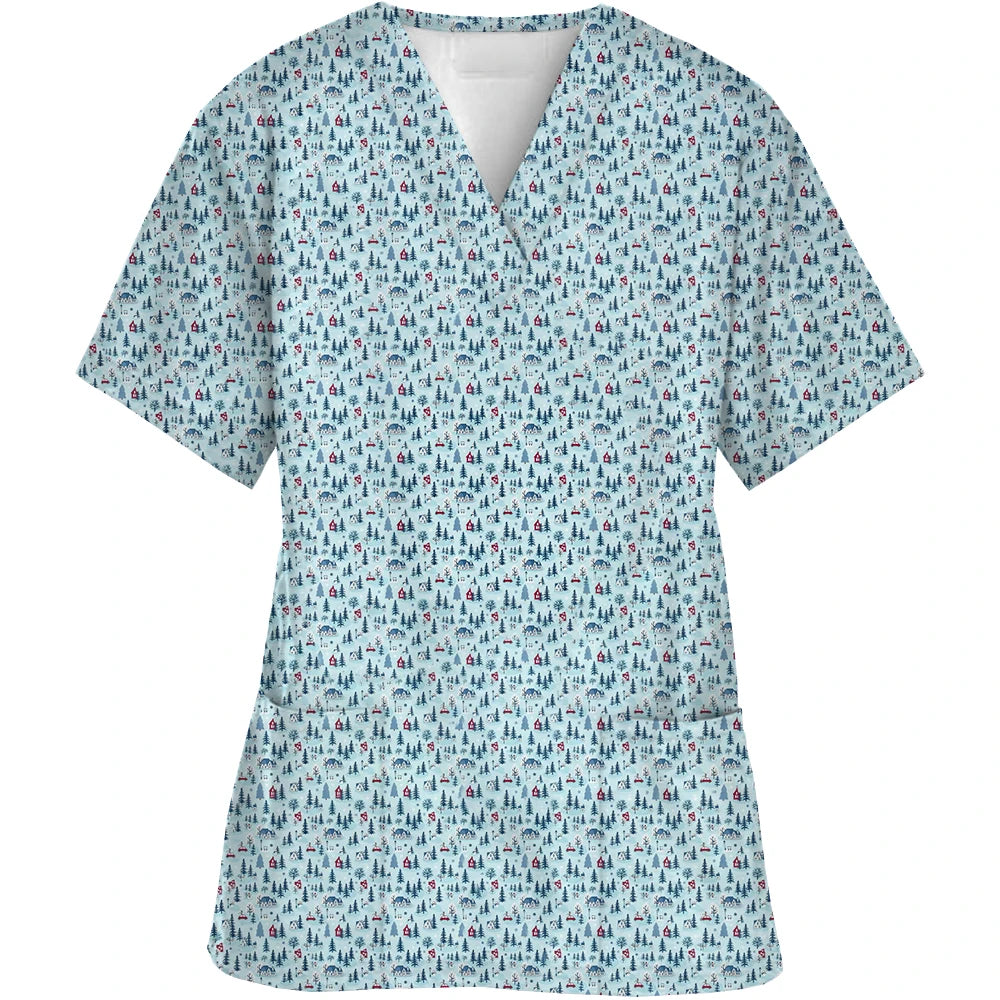 Christmas Printed V-Neck Scrubs Tops for Woman Man Blouse Cotton Surgeon Working Clothes Medical Uniform Doctor Nurse Scrub Tops