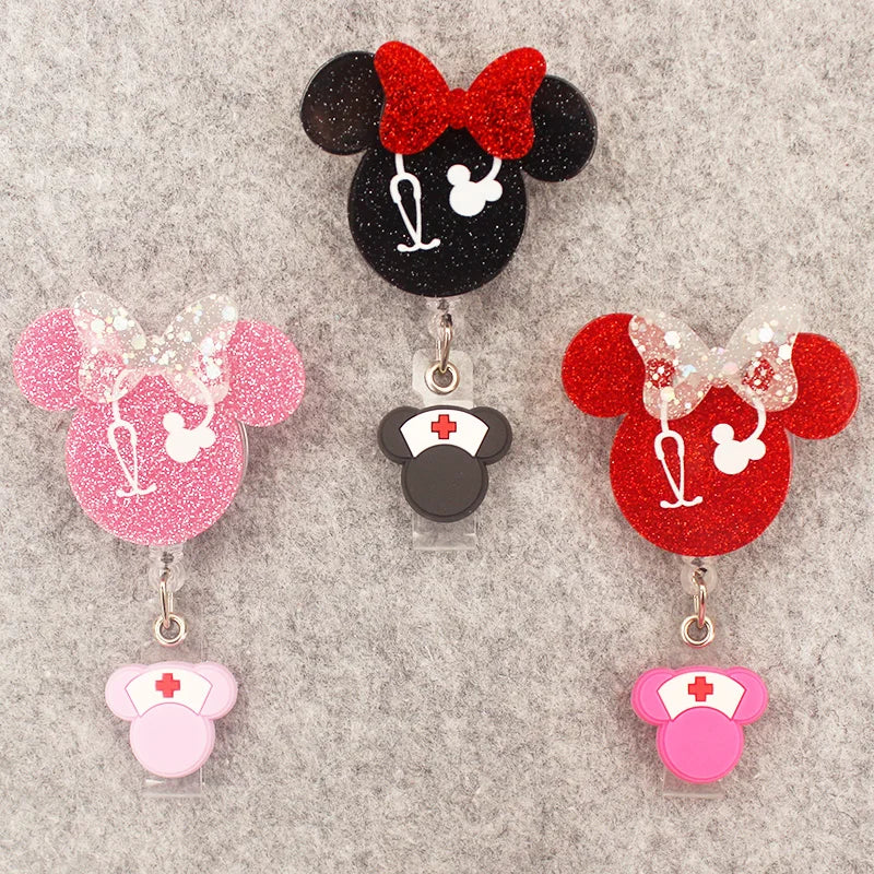 Colorful Shiny Girl Mouse Style Rotate Badge Reel Nurse Workers Enfermera ID Holder Retractable Card Holder Accessory