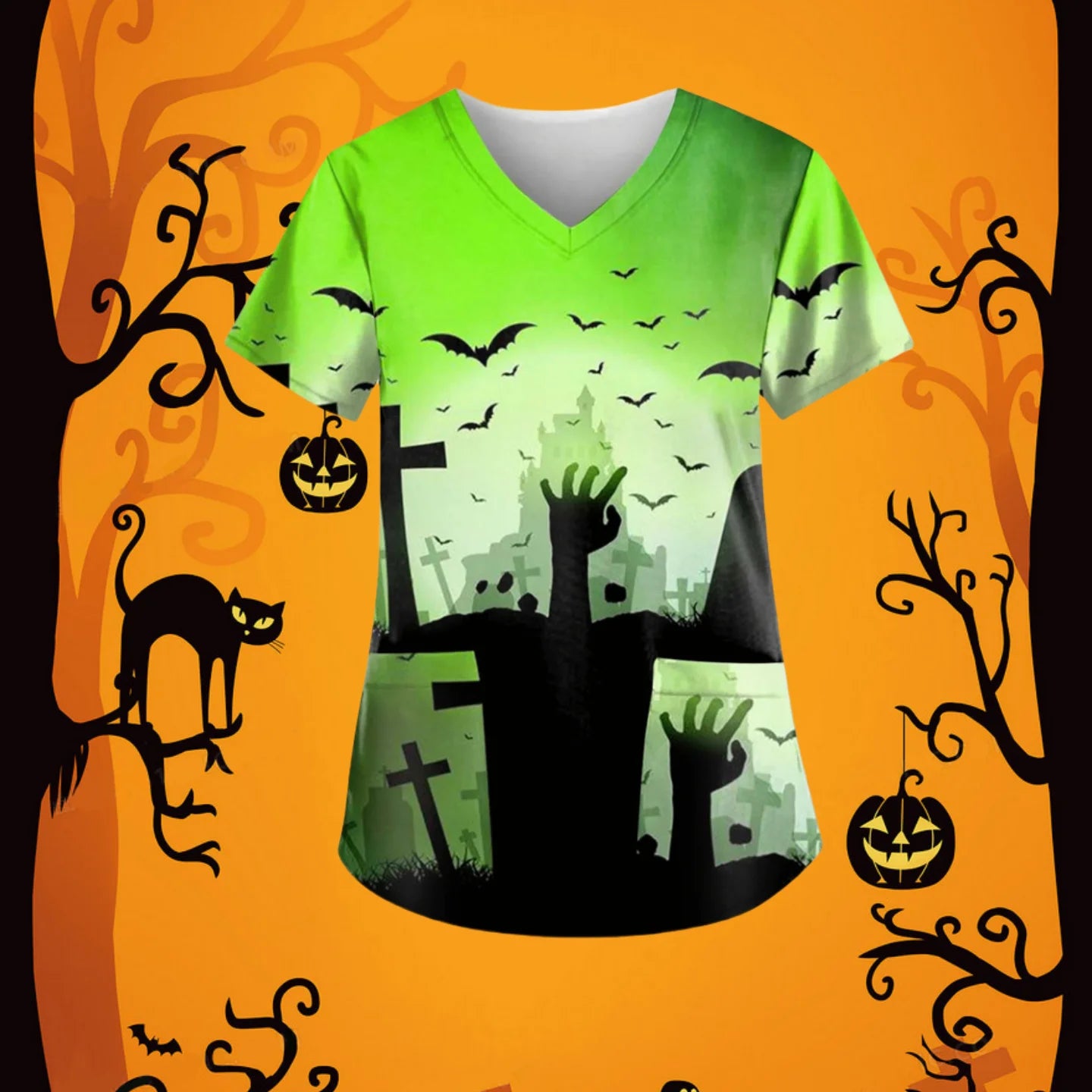 Halloween Scrubs Medical Uniform Scary Pumpkin Head Print Curable Medical Tops V-Neck Short Sleeve with Pocket Medical Clothes