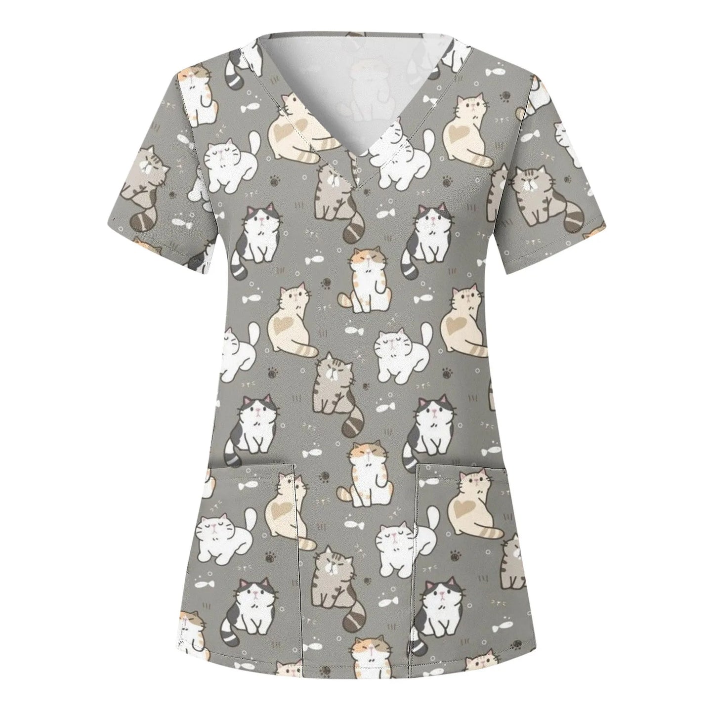 Clinical Uniform Woman Cute Cat Print Dental Nursing Tops V-Neck Short Sleeve with Pocket Tees Health Care Medical Scrubs Women