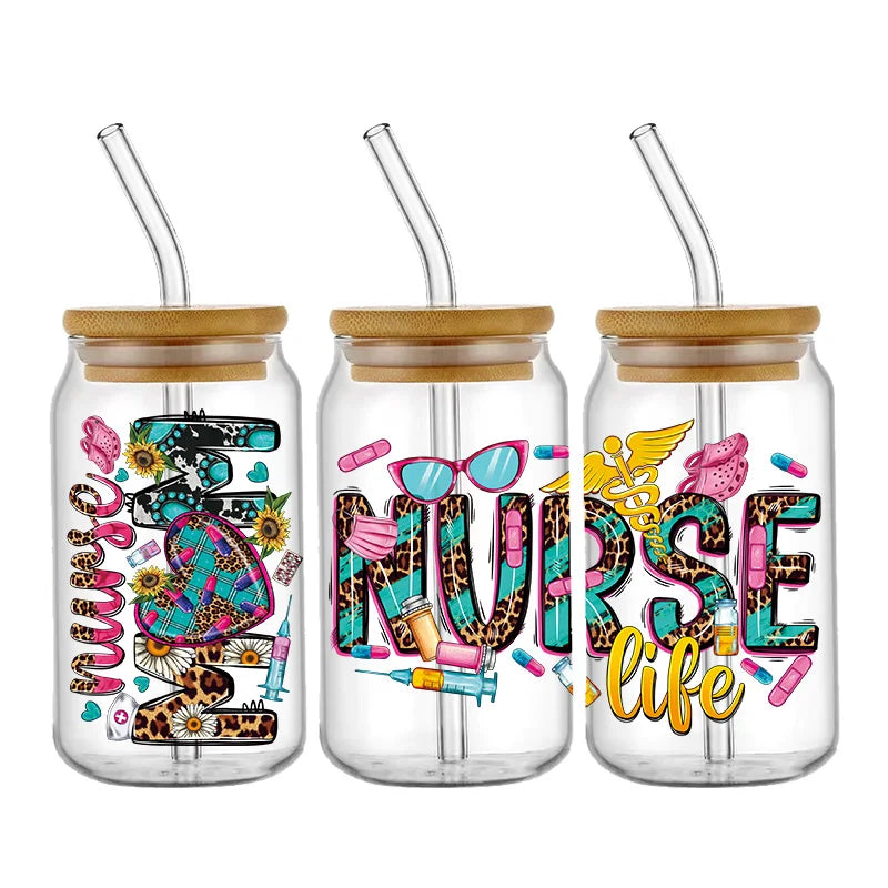 Nurse Cute Cartoon Design Best Seller 3D UV DTF Cup Wrap Transfers Stickers Labels Durable Waterproof Logo 16oz Glass Wrap