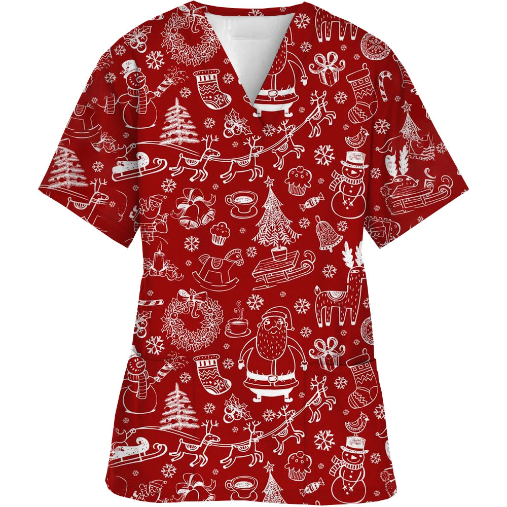 Christmas Scrubs Medical Uniforms Woman Santa Print Nurse Tops Pet Groom Uniform Short Sleeve Carer Clothes Форма Медсестры