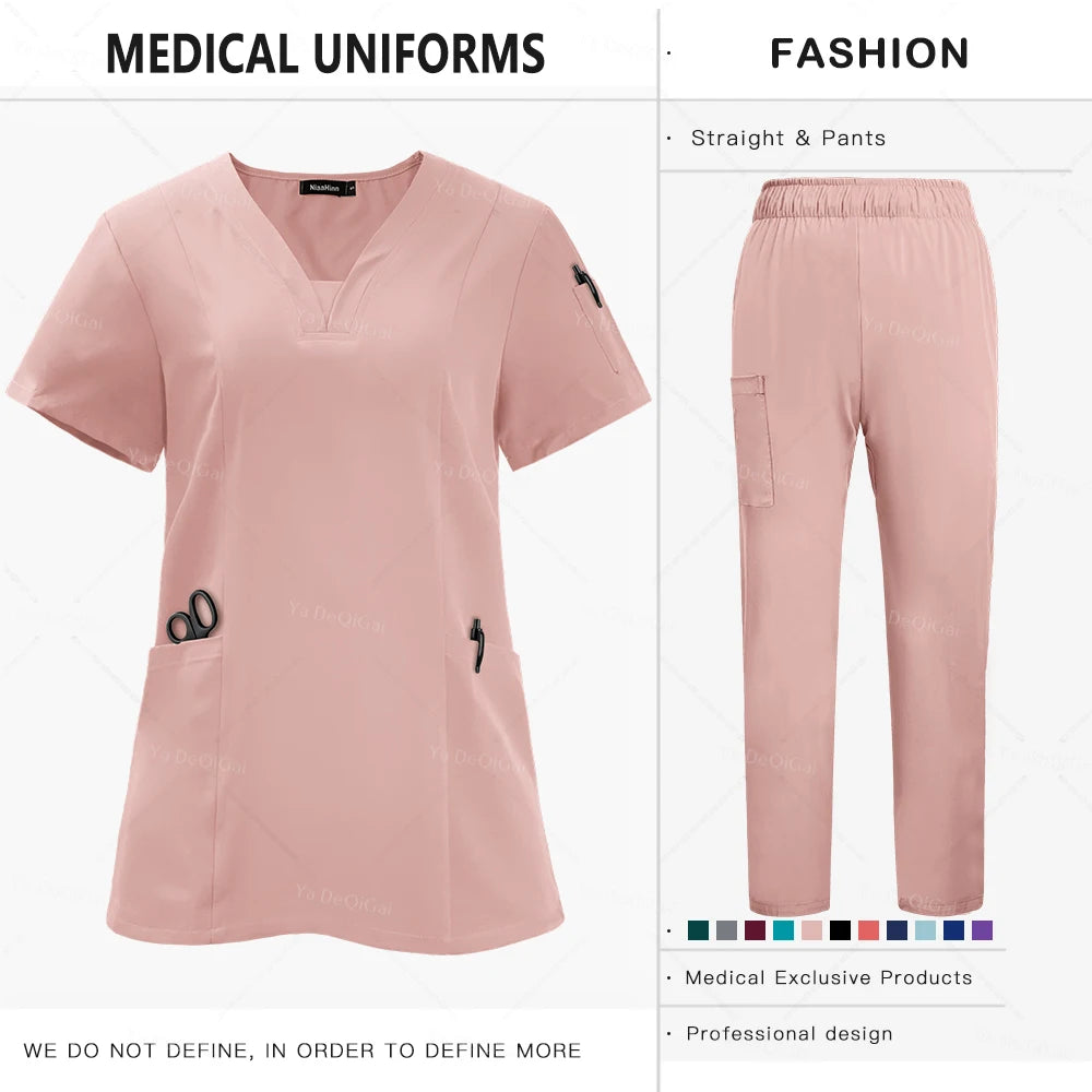 Anti-Wrinkle Premium Fabric Clinical Uniforms Washable Nurse Uniforms Medical Scrubs Sets Surgical Blouse Pockets Straight Pants