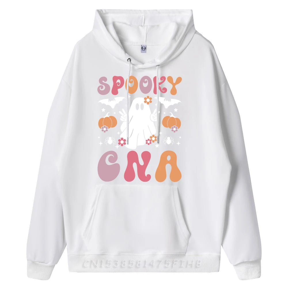 Spooky Certified Nursing Assistant Halloween Graphic Pullover Hoodies Polyester Fiber Pullover Hoodies For Man Tops Tees Normal