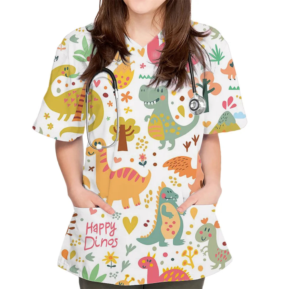 Surgical Uniform Woman Cute Dinosaur Cartoon Print Surgical Uniforms V-Neck Short Sleeve Pet Medical Top Women's Surgical Scrubs