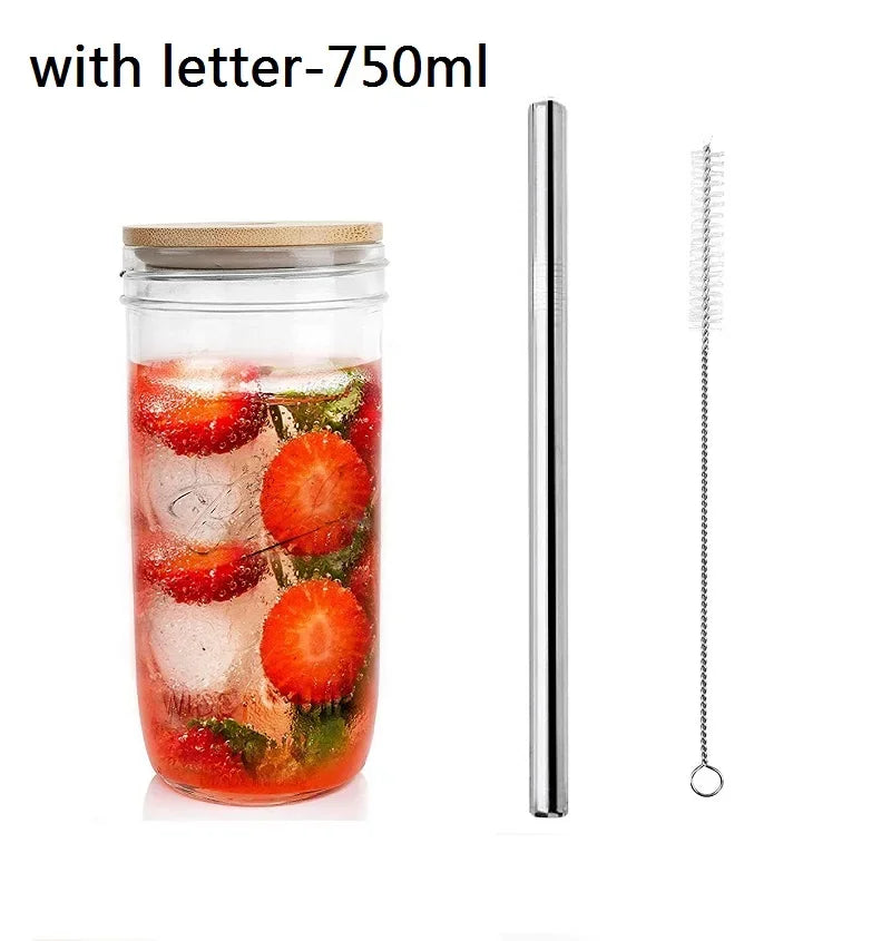 Mason Jars for Drinking Cup Bubble Tea Glass Cup with Bamboo Lid Reusable Glass Boba Smoothie with Stainless Steel Straw Cups