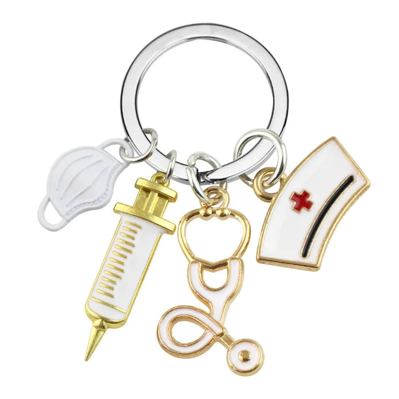 Medical Tool Doctor Keychain Heartbeat Stethoscope Syringe Nurse Cap Key Ring Nurse Gifts Handmade Jewelry Bag Ornaments Charm