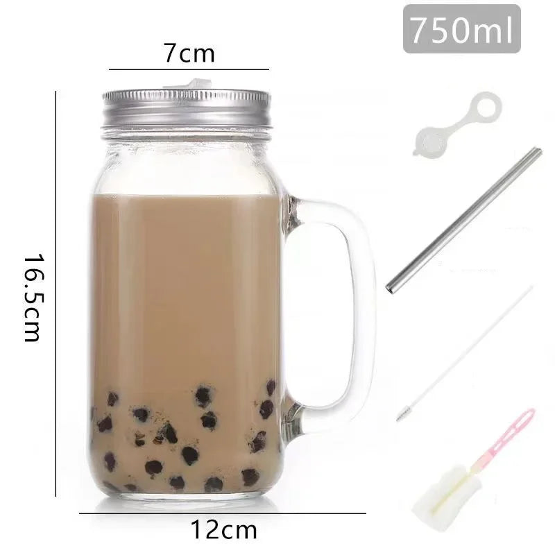 1PC 450/650/750ml Mason Jar Mugs with Handles Glass Bottle Juice Drink Clear Glass Water Bottle With Cover Straw Drinkware Cup