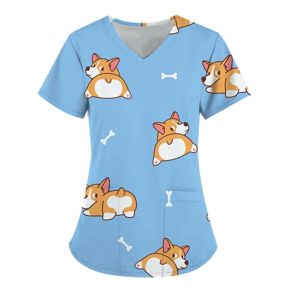 Surgical Uniforms Woman Scrub V-Neck Short Sleeves Tops Women's Medical Uniforms Vet Clinical Uniforms Cute Puppy Cartoon Print